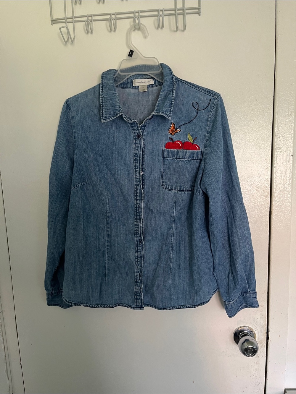 Denim Button-Up Shirt with Apple & Butterfly Embroidery - Kids